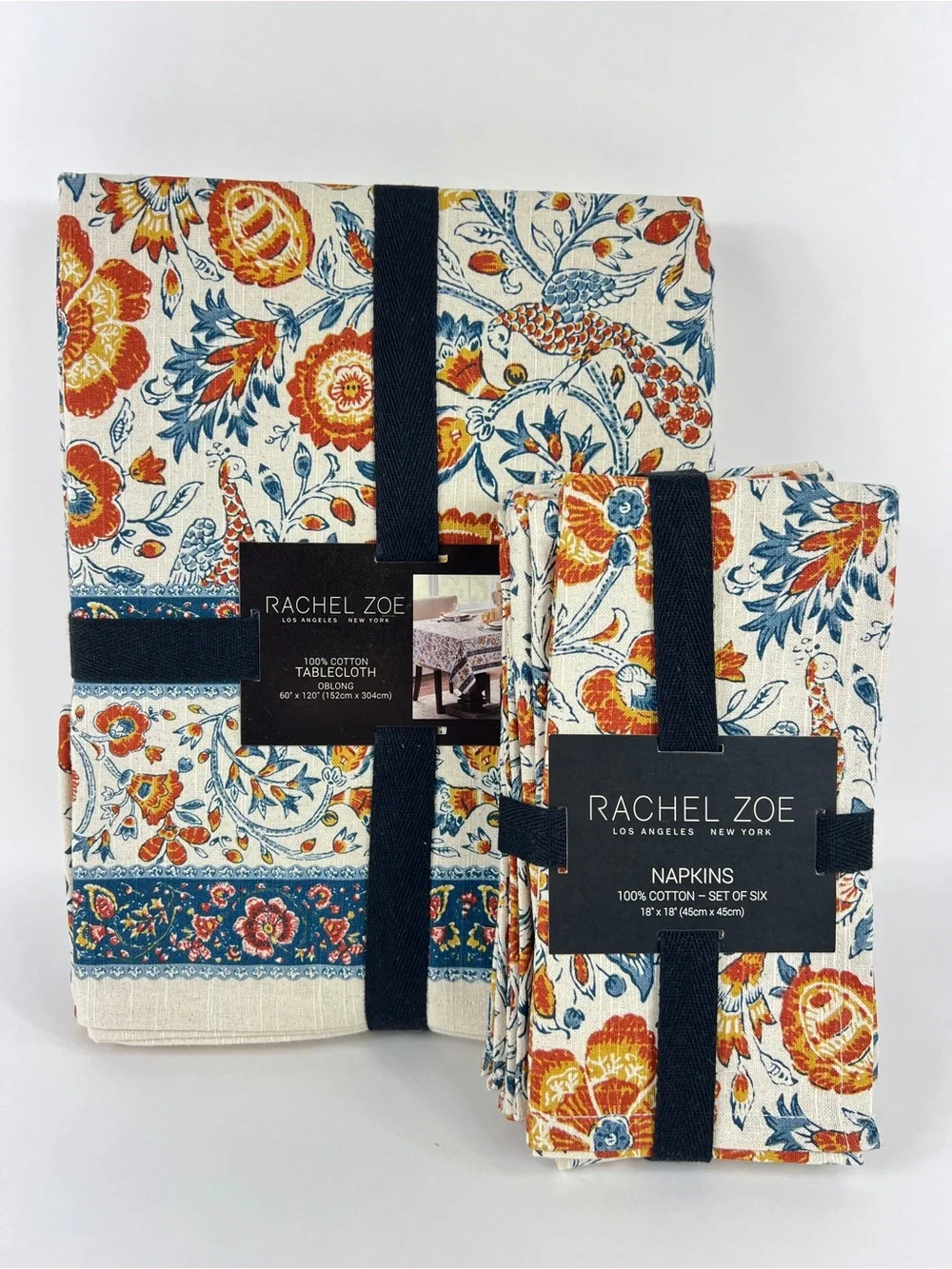 Rachel Zoe FALL Tablecloth 6 Napkins Blue Orange Cream Floral Birds 60 x 120 NEW